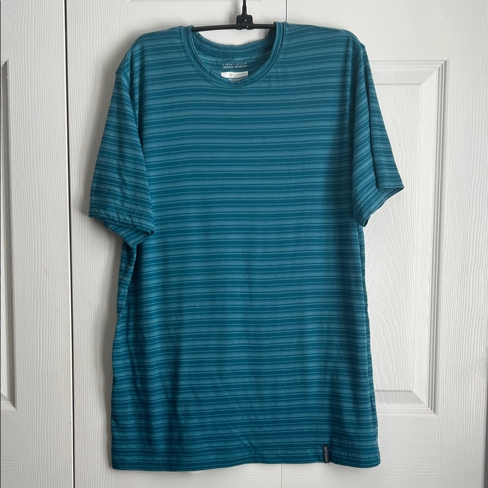 Columbia Omni-Wick Teal Blue Striped Short Sleeve Tee Sz L
